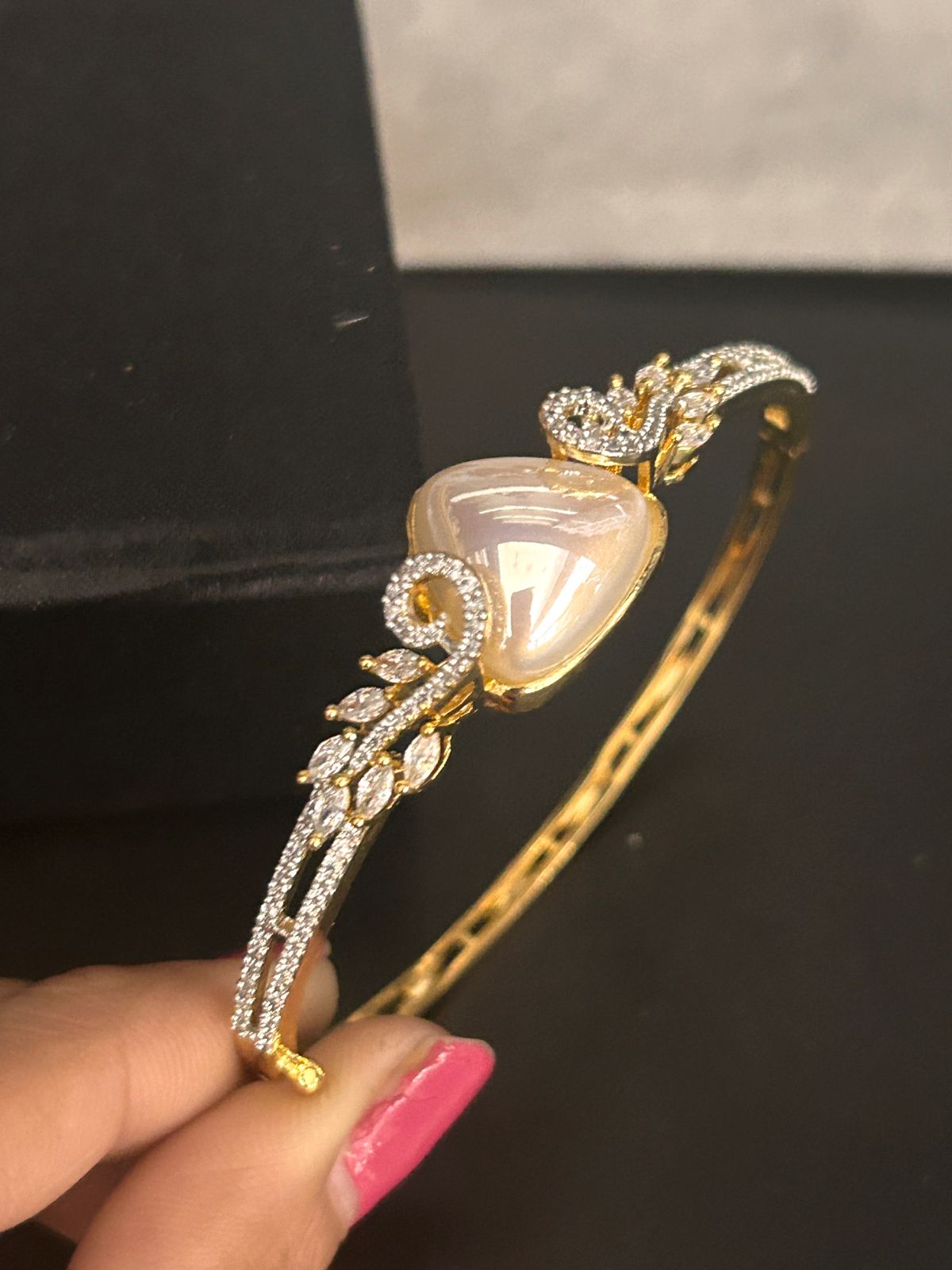 Golden Openable Bracelet with Pearl White Stone & CZ Detailing
